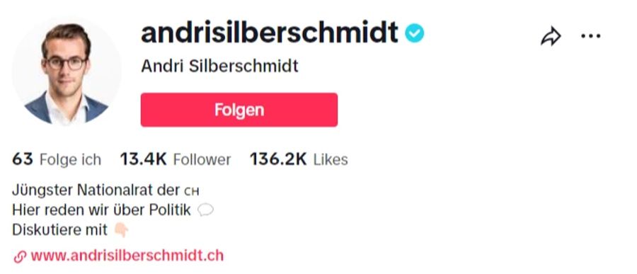 Der Blick auf einzelne Politiker wiederum zeigt einen klaren Platzhirsch: FDP-Nationalrat Andri Silberschmidt erfreut sich über 13'400 Follower.