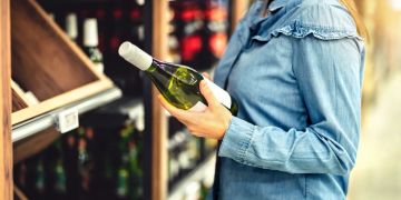 Weisswein, Markt, Geschäft, Frau, Wein kaufen