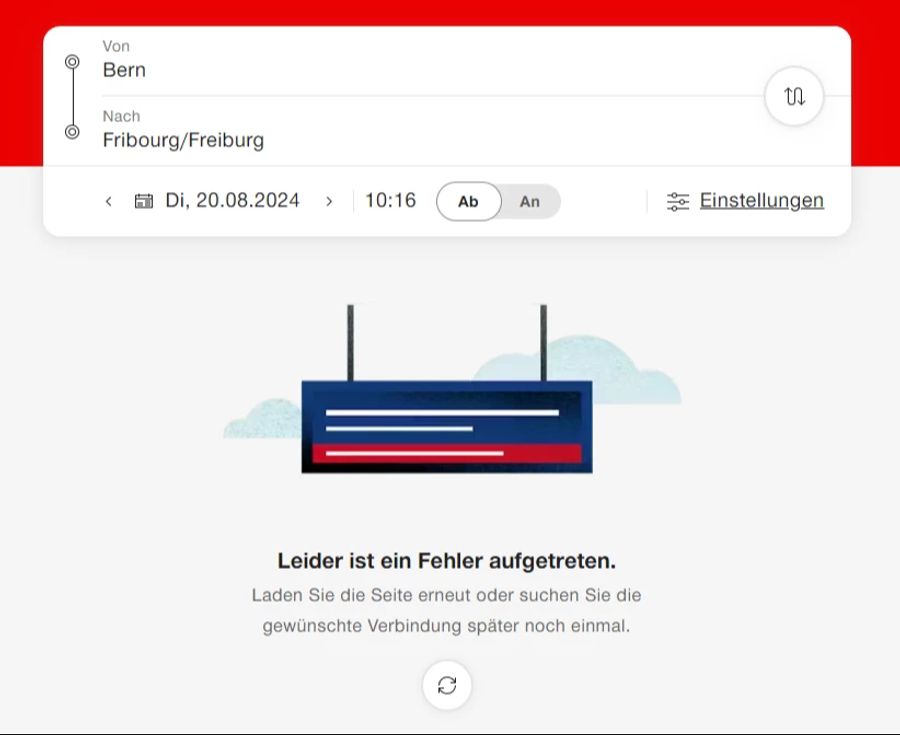 Die Seite der SBB funktionierte nicht: Diese Meldung kam, wenn man nach einer Verbindung suchte.