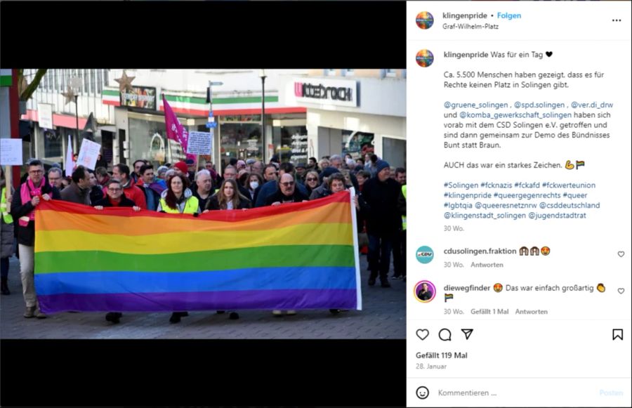 In Solingen wird der Christopher Street Day unter dem Namen «Klingenpride» gefeiert.