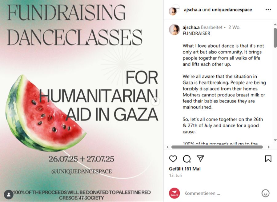 Bei Tanzstunden für Gaza landet das Geld beim Palästinensischen Halbmond.