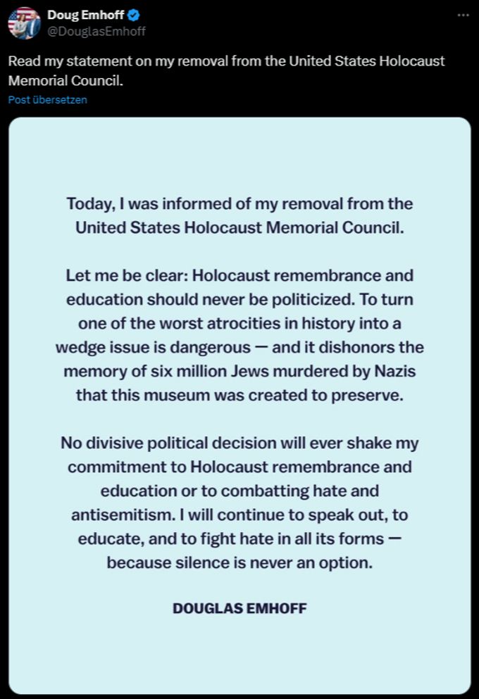 Via X teilt Kamala Harris' Ehemann Doug Emhoff mit, er sei von Donald Trump aus dem Verwaltungsrat der Washingtoner Holocaust-Denkstätte entlassen worden. Doug Emhoff Donald Trump