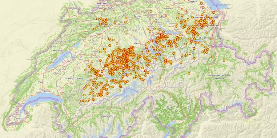 Sucht man auf der Plattform für Ortsnamen nach der Endung «-schwend», so findet man die Orte, die auf hochmittelalterliche Rodungen zurückgehen. Die Daten aus dem Kanton Wallis sind noch nicht erfasst. Screenshot: ortsnamen.ch