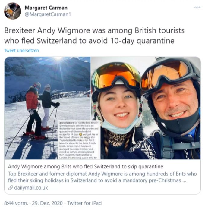 Gegenüber der «Daily Mail» erzhält der Brite, wie er aus Wengen BE geflohen sei. Brite Daily Mail Coronavirus
