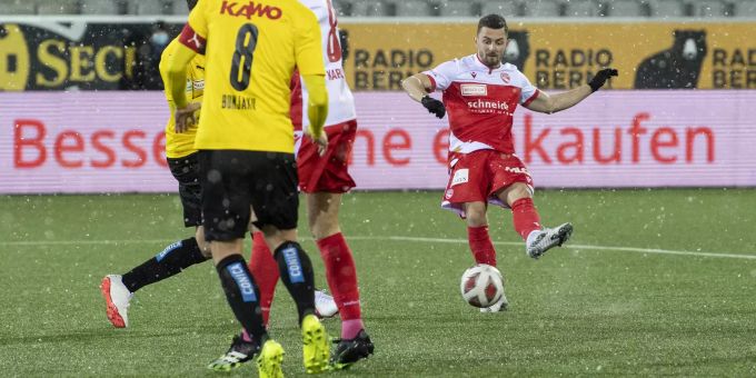 Thuns Nuno Da Silva, rechts, trifft zum 1-0 im Fussball Meisterschaftsspiel der Challenge League zwischen dem FC Thun und dem FC Schaffhausen, am Samstag, 23. Januar 2021, in der Stockhorn Arena in Thun. (KEYSTONE/Peter Schneider) FUSSBALL, CHALLENGE LEAGUE, MEISTERSCHAFT, SAISON 2020/21, FC THUN, FCT, FC SCHAFFHAUSEN,
