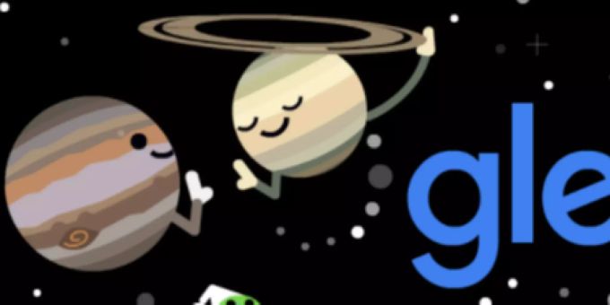 Heute, am 21. Dezember, treffen der Jupiter und der Saturn vond er erde aus gesehen aufeinander. Google hat dazu ein passendes Doodle kreiert. Winteranfang Konjunktion von Jupiter und Saturn
