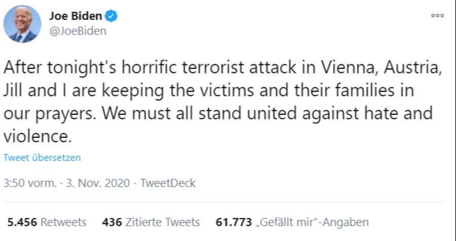 Auch Joe Biden spricht sein Mitgefühl aus.