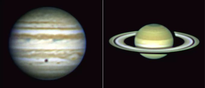 Die beiden Planeten Jupiter (links) und Saturn, aufgenommen durch das Teleskop Subaru. Die Fotos wurden am 29. Januar 1999 in Tokyo veröffentlicht. saturn und jupiter