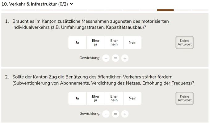 Fragen von Smartvote für eine Wahlempfehlung im Rahmen der Regierungratswahlen des Kantons Zug. Auch hier haben sich die amtierenden Mitglieder der kantonalen Exekutive geweigert, diese Fragen zu beantworten. Smartvote Wahlen Fragebogen