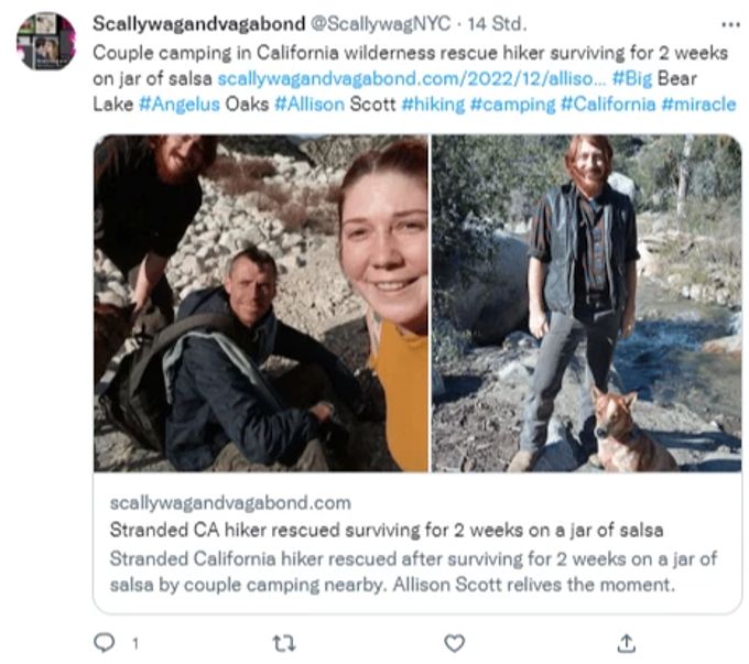 Eric irrte zwei Wochen lang in der Wildnis umher, bis er von Allison Scott und ihrem Freund gefunden wurde. good news