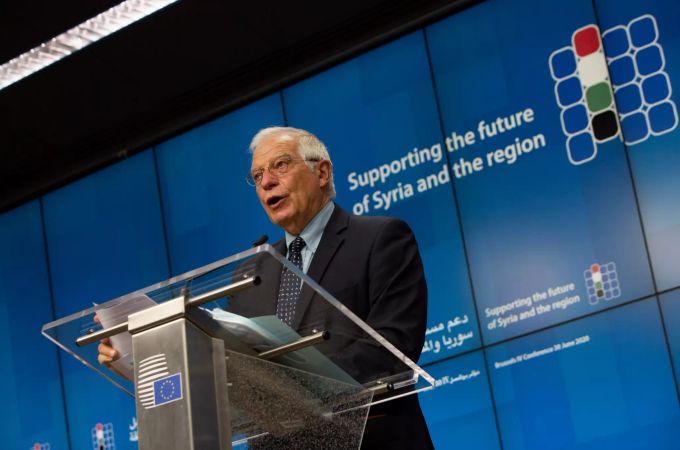 Josep Borrell, Hoher Vertreter der Europäischen Union für Aussen- und Sicherheitspolitik, spricht im Gebäude des Europäischen Rates nach einer Geberkonferenz per Videoschalte auf einer Pressekonferenz. Geberkonferenz für Syrien