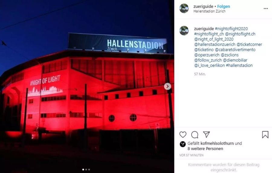 Neben vielen anderen Gebäuden machte natürlich auch das Hallenstadion in Zürich bei der Aktion «Night of Light» mit.