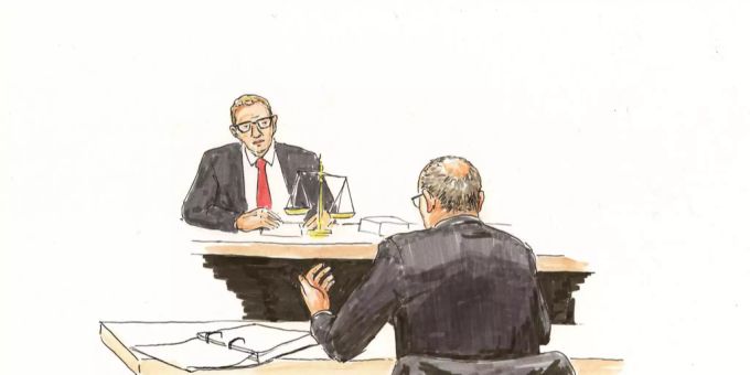 Illustration von Gutachter Josef Sachs (rechts) und dem Gerichtspräsidenten Daniel Aeschbach. Illustration von Gutachter Josef Sachs (rechts) und dem Gerichtspräsidenten Daniel Aeschbach.