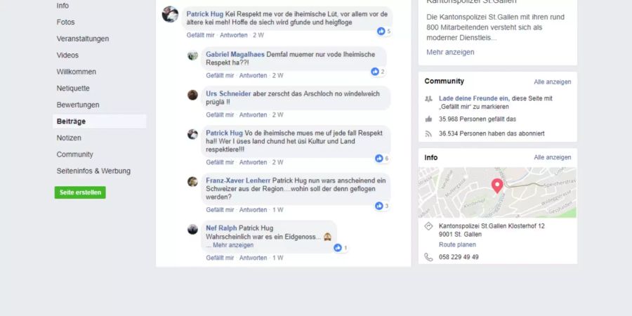 Kommentare auf der Facebook-Seite der Kantonspolizei St.Gallen.