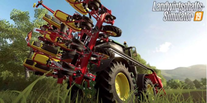 Landwirtschafts-Simulator 19 bietet Maschinen und Geräte aller führenden Marken an. Ein Traktor mit einem landwirtschaftlichen Gerät.