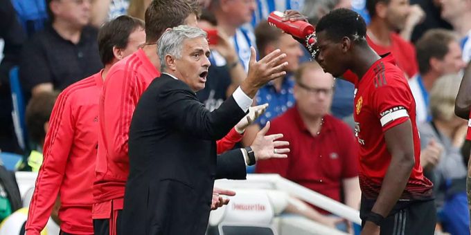 José Mourinho und Paul Pogba während eines Spiels von Manchester United im August. José Mourinho und Paul Pogba während eines Spiels von Manchester United im August.