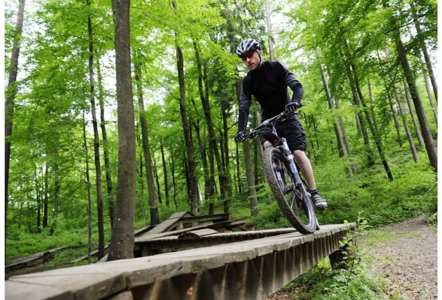 Dunkel gekleideter Biker im Wald auf einem Parcours - Keystone