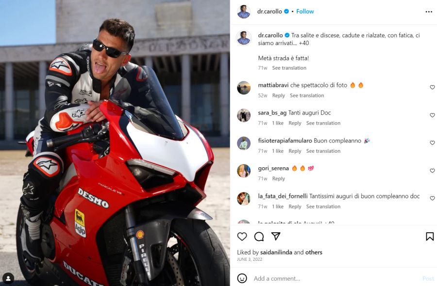 Alessandro Carollo fährt in seiner Freizeit offenbar gerne Töff. Auf seinem Instagram-Profil finden sich viele Fotos auf seiner roten Ducati.