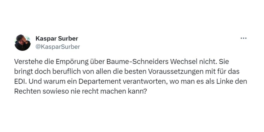 Kaspar Surber, ebenfalls Journalist, versteht «die Empörung» rund um den Wechsel nicht. Sie bringe die besten beruflichen Voraussetzungen für das EDI mit.