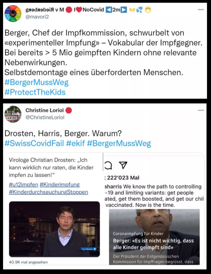 In den sozialen Medien kommt der Präsident der Impfkommission (EKIF), Christoph Berger, ausgerechnet bei Impfbefürwortern schlecht weg. Christoph Berger EKIF Bergermussweg