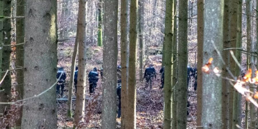 Polizisten durchkämmen den Wald bei Kipfenberg. Foto: Friedrich/Vifogra/dpa