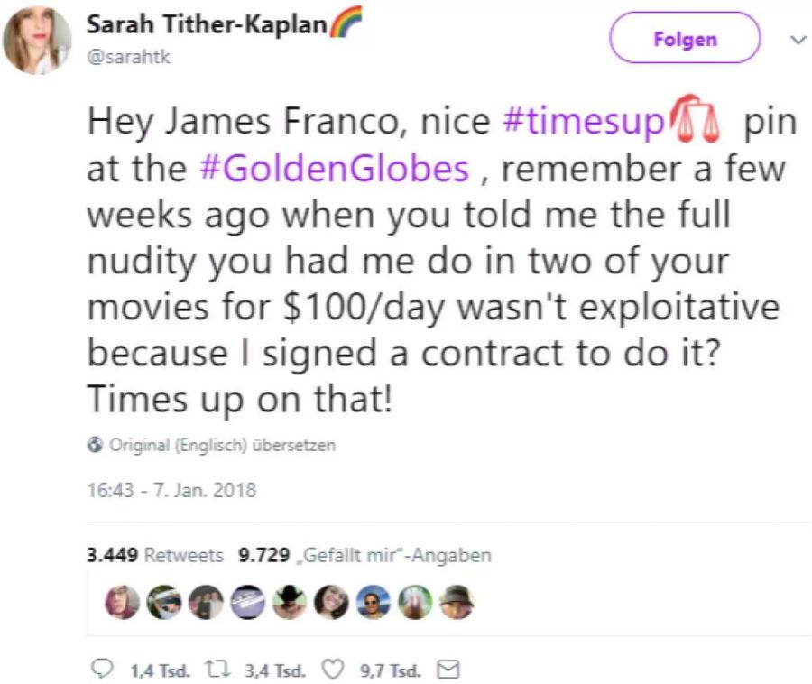 «Hey James Franco, erinnerst du dich, als du mir vor ein paar Wochen gesagt hast, dass es nicht ausbeuterisch sei, wenn ich mich komplett nackt in zwei deiner Filme zeige und du mir dafür $ 100 pro Tag bezahlst, weil ich einen Vertrag unterschrieben habe?»