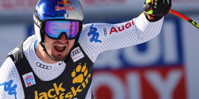 Dominik Paris feiert seinen Sieg am Super-G in Bormio. Dominik Paris feiert seinen Sieg am Super-G in Bormio
