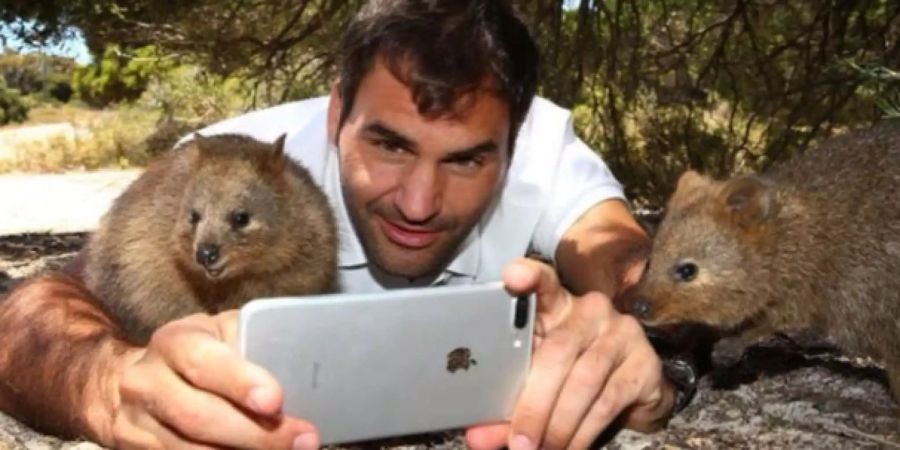 Vor dem Turnierstart am Samstag schliesst Roger Federer Freundschaft mit einem Quokka.