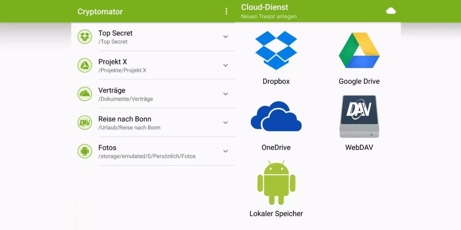 Die Android-App bietet Dropbox, Google Drive und OneDrive an. Aber auch Cloud-Dienste, die WebDAV unterstützen. Auch ein lokaler, verschlüsselter Tresor kann erstellt werden.