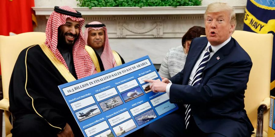 US-Präsident Donald Trump (r) empfängt den saudischen Kronprinzen Mohammed bin Salman im Weissen Haus und zeigt dabei auf ein Plakat.