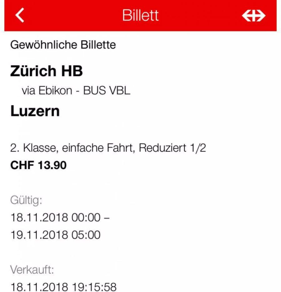 Hier der teurere Preis für dieselbe Strecke,  mit Umsteigen auf den Ersatzbus in Ebikon.