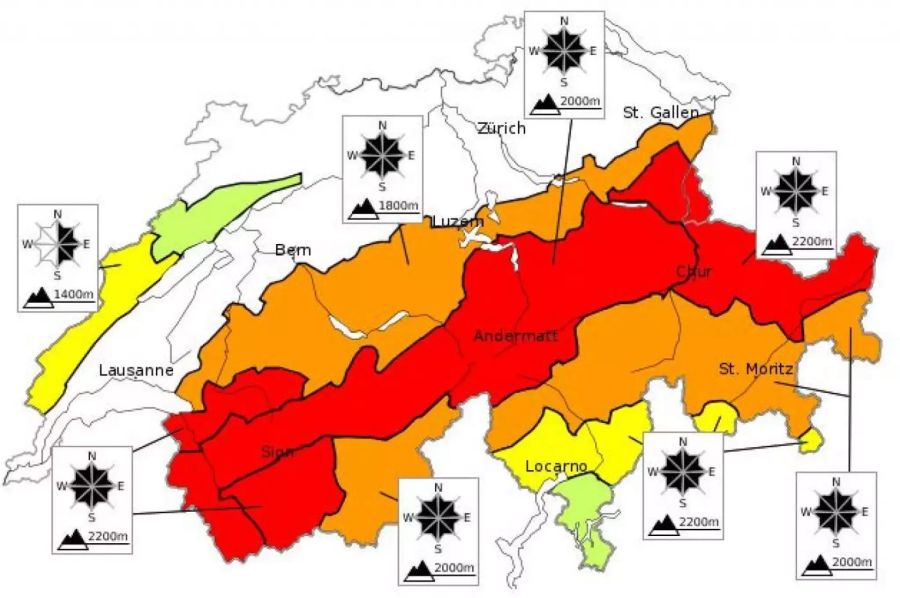 Rot heisst Lawinenstufe 4, Orange heisst Lawinenstufe 3.