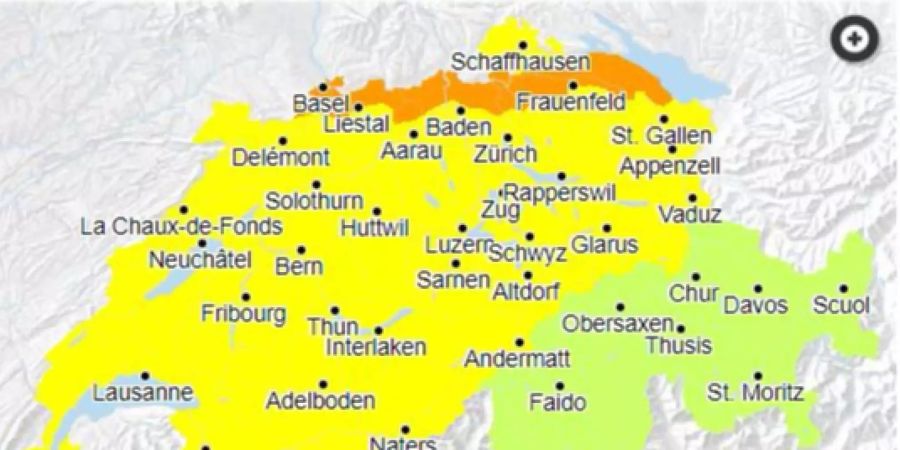 Aktuelle Warnung Gefahrenstufe 3 im Norden der Schweiz (Printscreen)