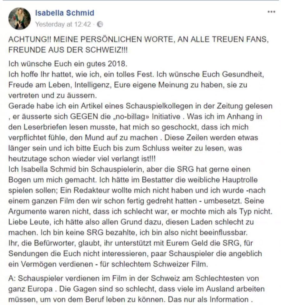 Wut-Post: Isabella Schmid lässt sich über den «Bestatter» aus.