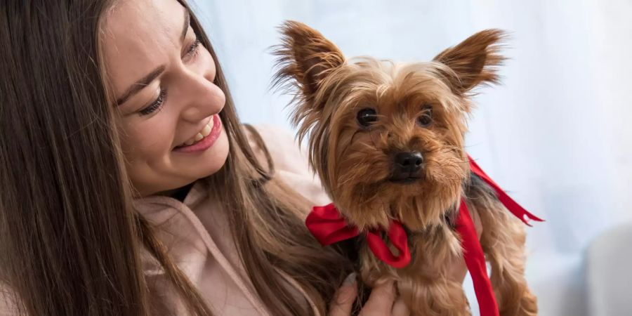 Frau mit Hund auf Arm