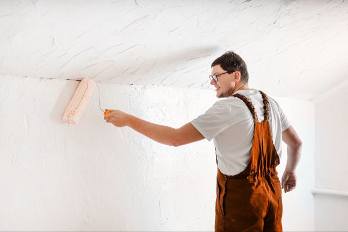 Passt auch in eine Männerwohnung: Peach Fuzz, die Farbe des Jahres 2023. Maler Mann Pinsel Wände