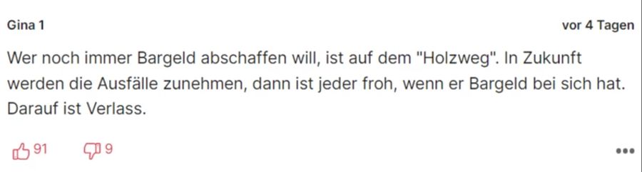 Leser kritisieren auch die zunehmende Abschaffung von Bargeld.