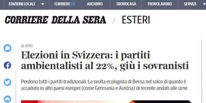 Corriere della Sierra titelt: «Wahlen in der Schweiz: Umweltparteien mit 22 Prozent hinter den Populisten. Corriere della Wahlen Schweiz
