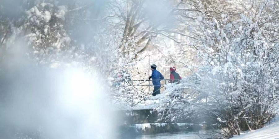 Jogger laufen über eine Brücke des Köglmühlbachs in München. Klirrende Kälte und Schadstoffe in der Luft können Sport im Winter zu einer ungesunden Sache machen. Foto: Sina Schuldt/dpa