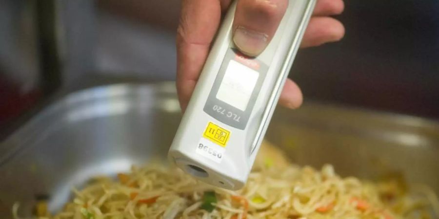 Ein Lebensmittelkontrolleur überprüft bei einer Betriebskontrolle die Temperatur von chinesischen Nudeln. Foto: Uwe Anspach/dpa
