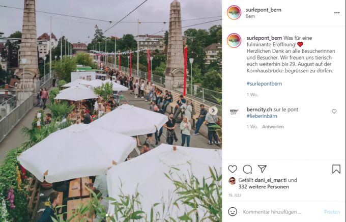 Die Berner Kornhausbrücke ist rund anderthalb Monate lang das Pop-up «Sur le Pont». Aufgrund von Bauarbeiten ist die Brücke für den Strassenverkehr gesperrt. Sur le pont
