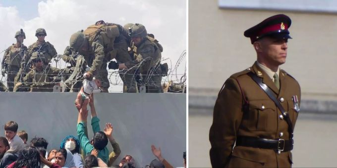 Links: Ein Baby wird von US-Marines über eine Mauer am Flughafen Kabul in Afghanistan gehoben. Rechts: Benjamin Caeser in seiner Militäruniform. Kabul Baby