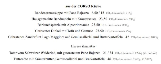 Die Mittagskarte des Corso mit den CO2-Angaben der Gerichte. Corso