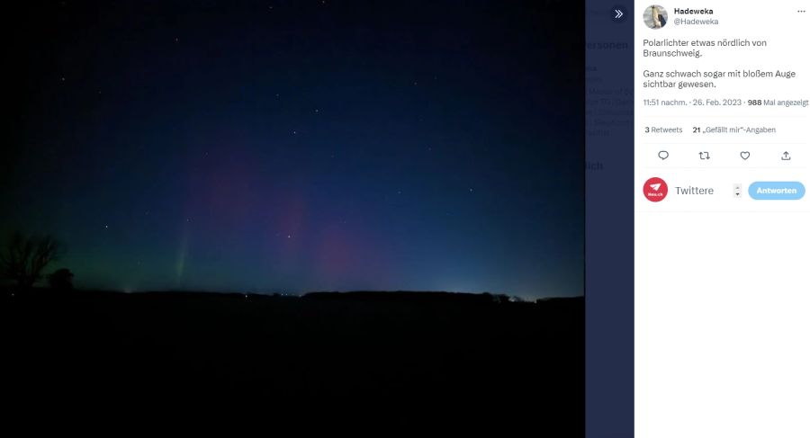 Polarlichter bei Braunschweig, Niedersachsen.