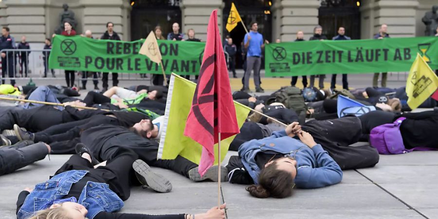 Die Aktivisten legten sich auf den Bundesplatz, um gegen die Umweltzerstörung zu protestieren.