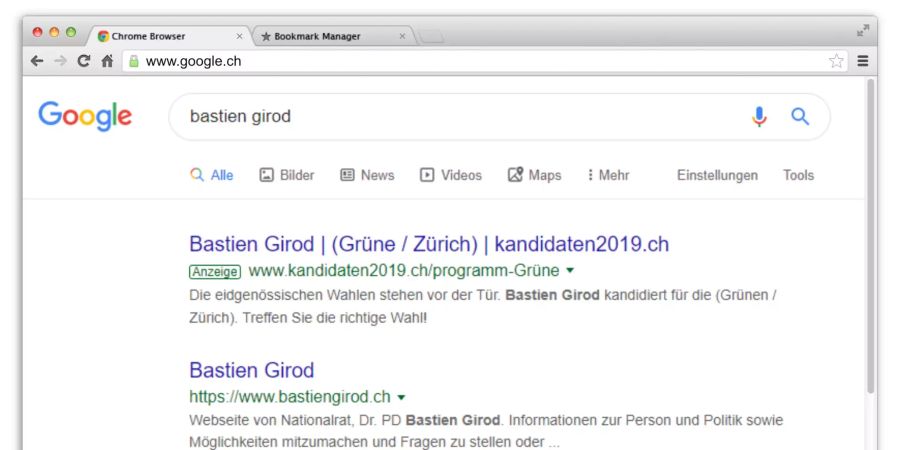 Erster Treffer bei Google nach dem Namen Bastien Girod, Nationalrat Grüne, ist kanidaten2019.ch.