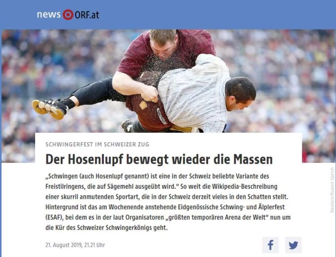 Das ORF berichtete im Voraus über das Eidgenössische Schwingerfest. Eidgenössiche Schwingerfest Zug ESAF