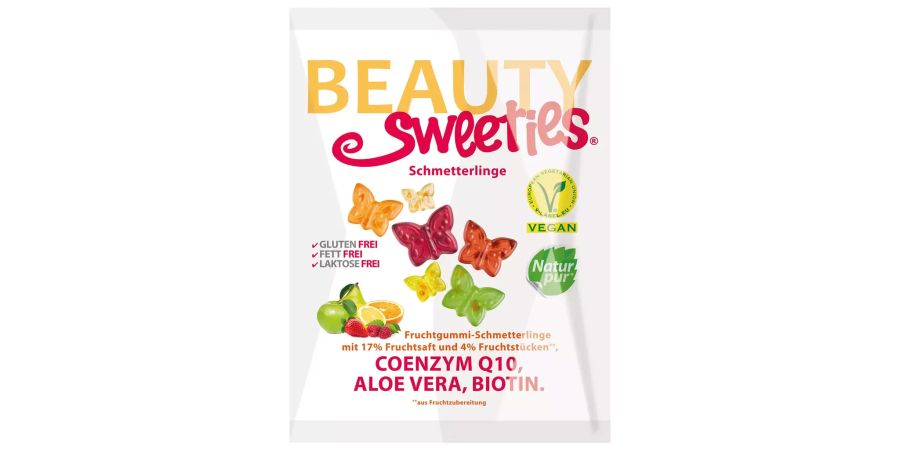 Die Beauty Sweeties Schmetterline sind ohne tierische Gelatine hergestellt und unterstützen dank einem Extra-Schuss des antioxidativen Coenzyms Q-10 den Energiestoffwechsel der Zellen.