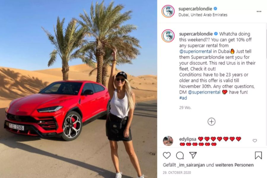 «Supercar Blondie» Alexandra Mary Hirschi bewirbt einen Autovermieter.