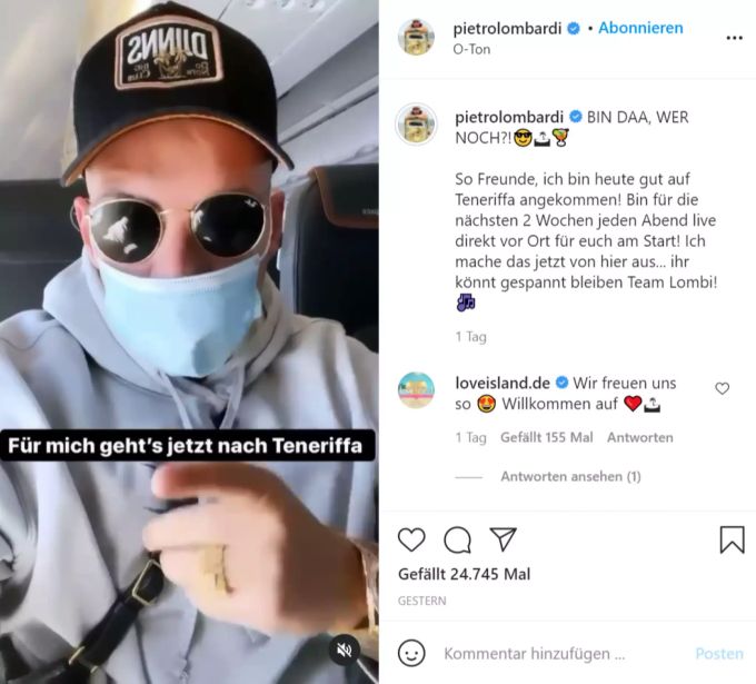 Love Island 2021: Pietro Lombardi befindet sich im Flieger nach Teneriffa! Pietro Lombardi